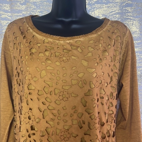 Unique Marigold Color Lace Eyelet Sequin’s Long Sleeve Blouse - Picture 4 of 13